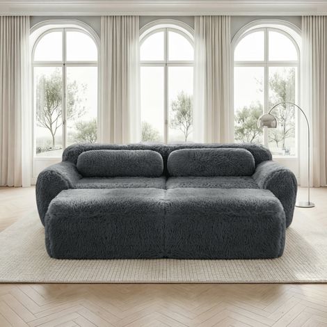 Canapé droit 2 places convertible Canapé-lit 204×179×73cm, Canapé D'angle modulable Compressé en tissu peluche, Confort hautement élastique,Gris (1/5)