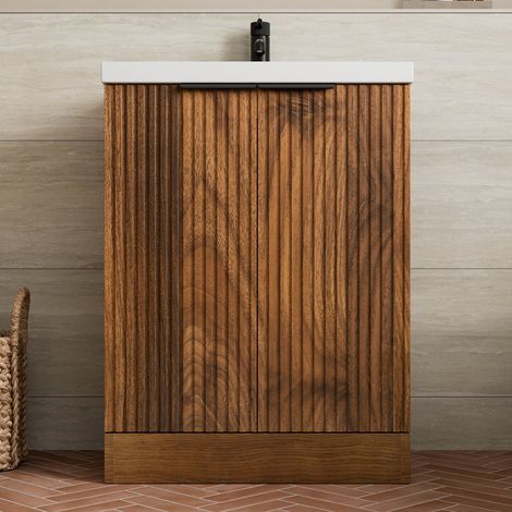 Fluted 600mm Bathroom Vanity Unit Basin Floorstanding Cupboard Soft Close Walnut (1/5)