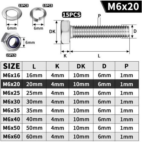 15 Pièces Boulons à Tête Hexagonale M6x20 mm Boulon Inox A2 V2A Vis et Boulon DIN 933 Vis à Métaux avec Écrous Rondelles pour Meubles Auto Vélos Bateaux Impression 3D Moto (1/4)