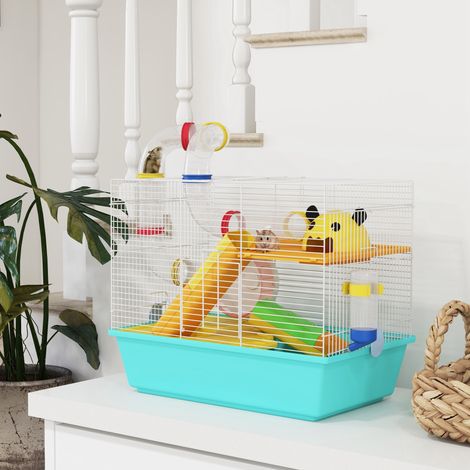 Cage pour hamster avec tunnel, plateformes, gamelle, biberon, maisonnette, rampes et roue d'exercice, 45 x 28 x 37 cm, bleu clair