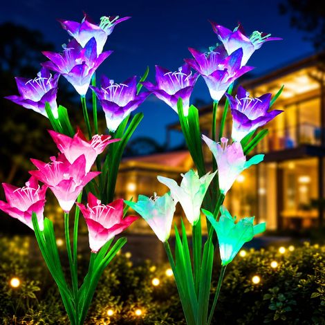 Lampes solaires à piquer pour fleurs, LED étanches à changement de couleur - Décoration lumineuse solaire pour jardin, terrasse, pelouse, parterre de fleurs, aménagement paysager, violet (1/4)