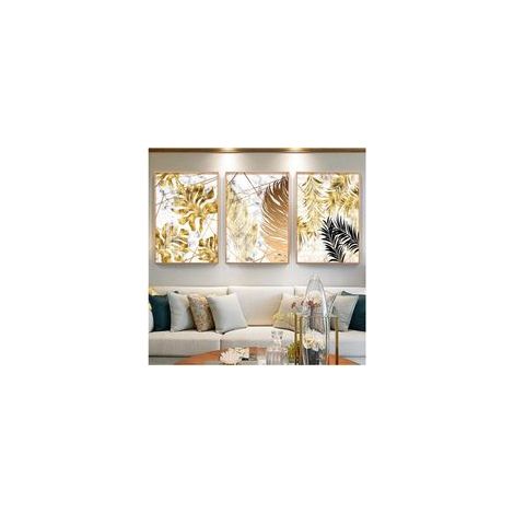Lot de 3 tableaux sur toile de style nordique avec feuilles dorées - Décoration murale moderne pour salon ou chambre à coucher - 30 x 40 cm (sans cadre)