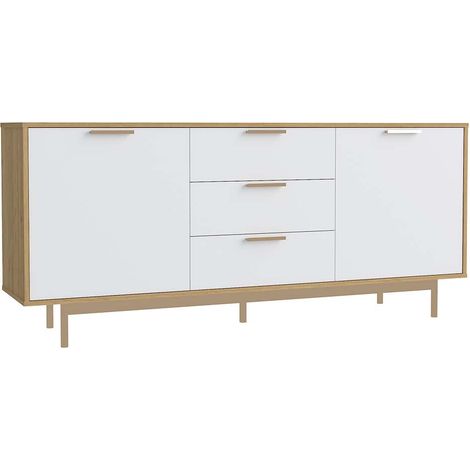 Concept-Usine – Buffet scandinave blanc mat et bois naturel – 2 placards et 3 tiroirs – Pieds en métal rose gold – Dimensions 175,4 x 41,2 x 80 cm