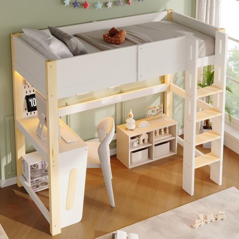 Lit mezzanine enfant 90x200 cm avec bureau, LED, prise USB-C, étagères, échelle et barrière de sécurité, structure bois gain de place - Blanc (1/5)