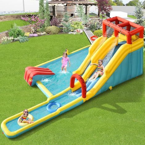 Parco acquatico gonfiabile con doppio scivolo, gioco di surf, canestro da basket, pistola ad acqua, parete da arrampicata e isola per nuotare. (1/5)