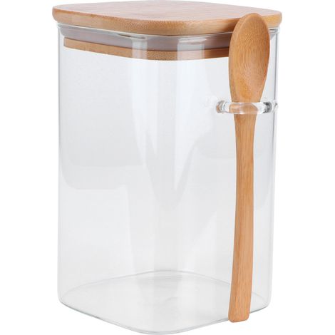 Bocal carré de conservation avec cuillère intégrée, récipient à épices, flacon à café pour la cuisine, 1000 ml (1/5)