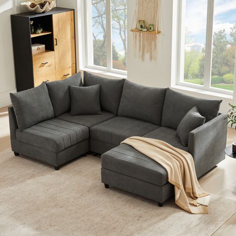 Canapé d’angle 5 places avec pouf modulable, convertible en L ou U, tissu coton-lin,gris (1/5)