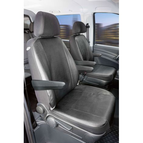 Housse de siège Transporter en simili cuir pour Mercedes-Benz Viano/Vito, 2 sièges individuels à l'avant (évidement accoudoir droit & gauche) (1/4)