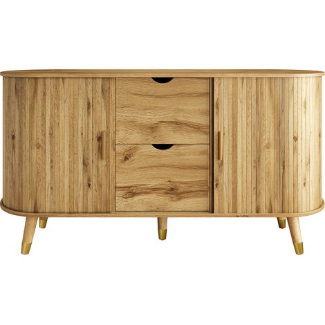 Aparador de MDF efecto madera con 2 cajones, estantes abiertos y patas de madera (1/5)