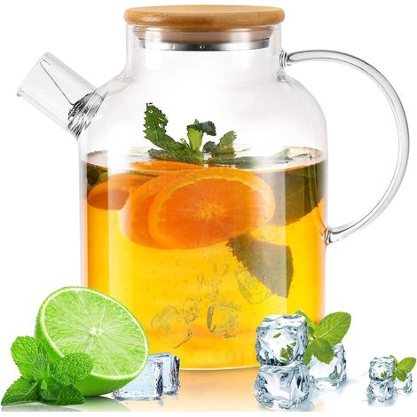 Theiere Verre 1.8l Couverture en Bois Avec Filtre Résistant au Froid et à la Chaleur, AntidéFlagrant Verre Borosilicaté Convient Pour le Thé, le Thé Parfumé et les Boissons Aux Fruits (1/5)