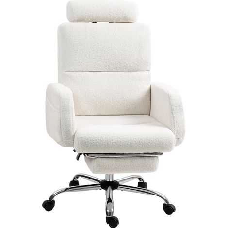 Silla de escritorio con reposabrazos acolchados en piel sintética de cordero, respaldo reclinable y reposacabezas ajustable, color crema (1/5)