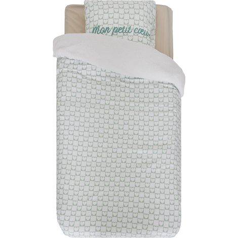 Parure de lit réversible Jaiko 140x200cm blanc/motif coeurs vert - Atmosphera créateur d'intérieur (1/4)