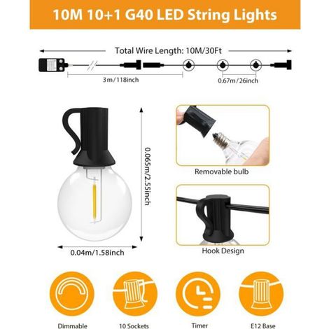 Guirlande LED extérieure 10 m G40 avec minuterie et variateur - étanche 24 V blanc chaud 2700K, lot de 10 ampoules + 1 (1/4)