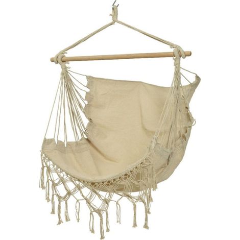 GLOUPIE Amaca Sospesa A 2 Posti Bibi In Crema E Intreccio In Corda Di Cotone Con Supporto In legno, L 130 x P 30 x H 100 Cm (1/5)