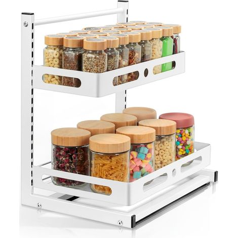Rangement Sous Evier en Acier au Carbone, 2 Niveaux Organisateur Sous Évier avec Tiroir Coulissant Placard, Réglable en Hauteur Rangement Coulissant Placard pour Cuisine, Salle de Bain, Blanc (1/5)