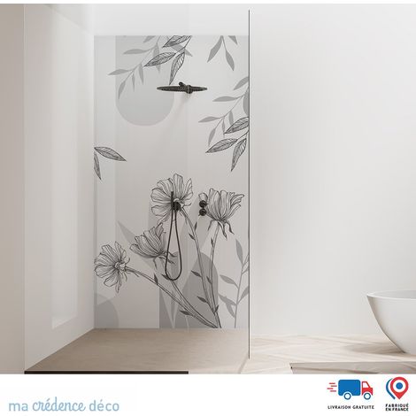 Panneau de douche : Fleurs graphiques - Couleur gris - Alu composite - 90 - 245 (1/2)