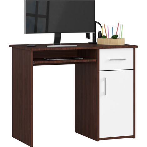 Escritorio de ordenador AKORD PIN Wenge 90 cm 1 puerta 1 cajón frente en color Blanco 3 estantes 90x50x74 cm (1/5)