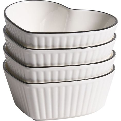 Set of 4 Ramekins White Porcelain Transparent Glaze Finish Heart Shaped Kitchen Dining Room MACE