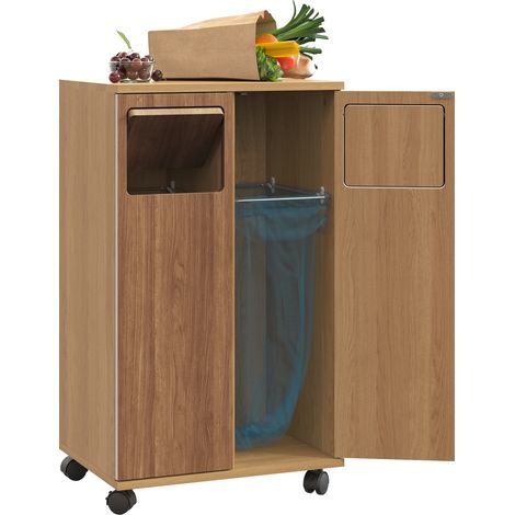 Armoire à ordures 46,7 x 35 x 80cm 2 compartiments style chêne roulable, 2 portes roues pour cuisine salle à manger
