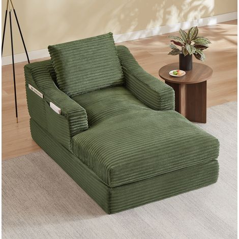 Fauteuil convertible en lit 1 place en velours côtelé vert, 100 x 160 x 85 cm DESVIAE (1/5)