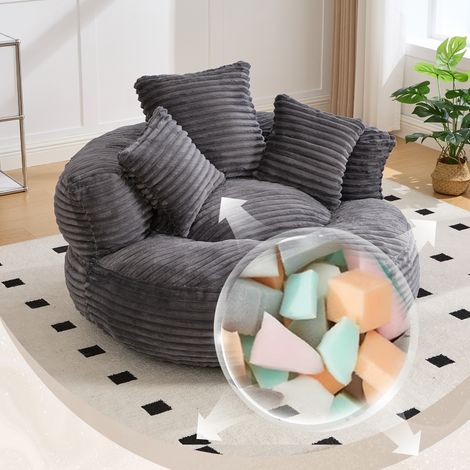 Sillón puf de pana con respaldo y cojines, para salón/dormitorio, 108×108×52 cm, gris (1/5)