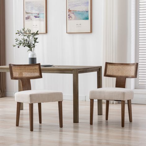 Wahson 2er Set Esszimmerstühle Rattan Rückenlehne, Holzgestell Vintage-Design gepolstert Seitenstühle für Esszimmer Wohnzimmer Küche, Beige