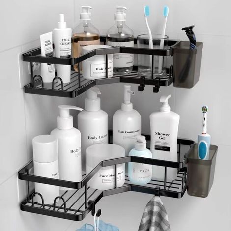 Set di 2 mensole angolari per doccia, ideali per il bagno, senza bisogno di forare, in acciaio inossidabile, con 1 porta dentifricio, 8 ganci e 6 strisce adesive, colore nero. (1/5)