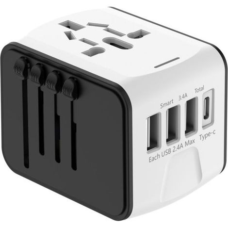 (Gray) Universal Travel Adapter - White - 3 USB - 1 Type-C - 1500W - Compact and Practical (1/5)