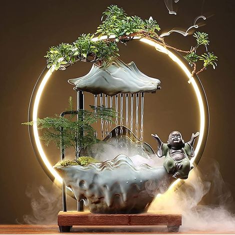 Fontaine à eau décorative Bouddha - LED - Fontaine décorative d'intérieur pour la méditation avec décoration japonaise avec fausses plantes - Décoration Feng Shui pour la chance et la richesse (1/5)