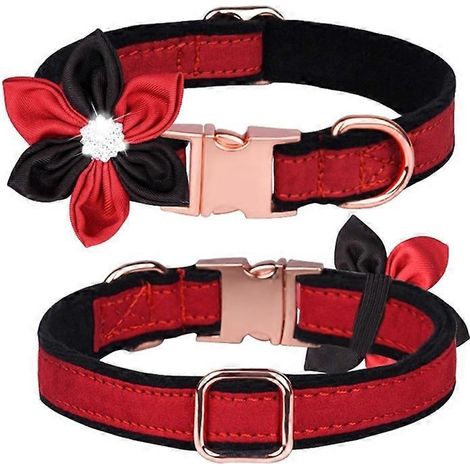 Katzen-/Hunde-Prinzenschleife mit Blume, Kristall, funkelnd, rot, schwarz, Größe S – Elegantes Haustieraccessoire.