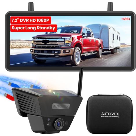 Camera de Recul sans Fil Solar avec Moniteur 7.2" 1080P HD 1 Min Installation Rapide, avec Sac de Rangement, IP69K Imperméable Voiture pour Camion, Remorque, Camping Car, Van (1/5)