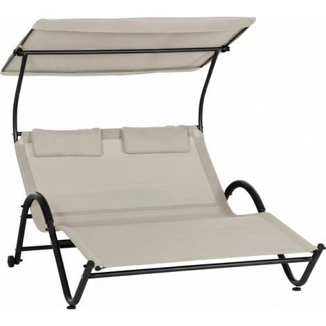 Chaise longue bain de soleil transat avec auvent oreiller et roulettes en acier et polyester crème