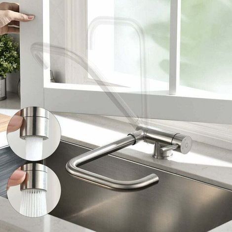 Robinet de cuisine pliable avec deux modes de jet, adapté à une installation sous fenêtre, bec rotatif à 360°, fabriqué en laiton et en acier inoxydable 304. (1/3)