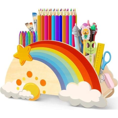 Schreibtisch-Organizer für Kinder – Stiftehalter aus Holz – 5 Fächer – Regenbogen-Design – Wasserabweisend (1/4)