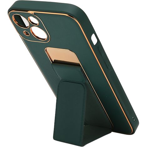 Étui de téléphone innovant avec cadre en métal et cuir, protection antichoc et dragonne pliable pour iPhone 13 (vert). (1/5)