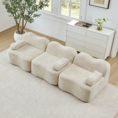 Canapé modulable 3 places 288 x98 x70 cm avec une éponge haute densité Canapé ondulé Les sièges sont profonds Velours Beige