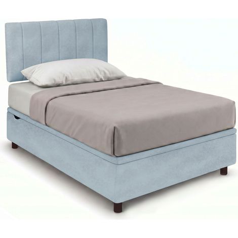 Letto 1 Piazza e Mezza Contenitore Imbottito 120x190 cm Microfibra Azzurro Boxmax Testata Vertical (1/5)