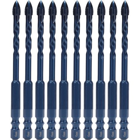 Mèches en carbure avec tige hexagonale de 1/4 po, 10 pièces, foret à tête croisée pour céramique, marbre, verre, bleu foncé, trou de 6mm (1/5)