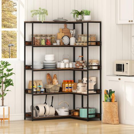 Costway – Bibliothèque d'angle 5 niveaux 110 x 89 x 180 cm – Cadre métal robuste – Style industriel brun – Pour salon et bureau (1/5)