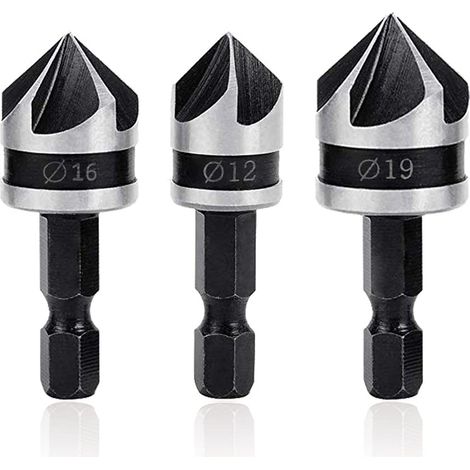 Sollbry 3Pcs Fraises à Chanfreiner 90 Degrés 5 Flûte Fraise Conique à Noyer Foret Fraisage Bois de 1/4" Tige Hex en Acier 12mm/16mm/19mm Outil Coupe Chanfreinage Fraisoir pour Bois PVC (1/5)