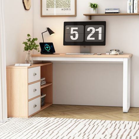 Bureau d'Angle en L - 147x100x75cm - avec 3 Tiroirs et 2 Niches - Structure Métal et MDF - Naturel et Blanc (1/5)