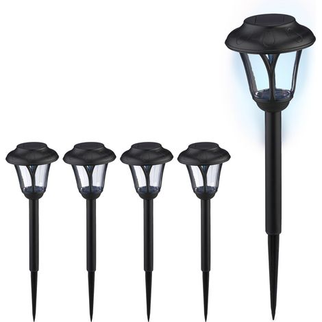 Relaxdays Lampade Solari da Giardino, Set da 5, LED Luce con Paletto per Fissaggio, per Esterni, HxD: 39 x 11 cm, Nero (1/5)