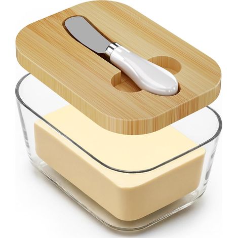 Mantequillera de cristal grande con tapa, soporte para cuchillos de encimera y junta de silicona de doble capa de alta calidad para la mantequillera.