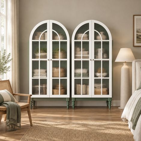 Vetrina 76x38,5x165 cm in MDF verde scuro e bianco con ante in vetro - MEUBLIV (1/5)