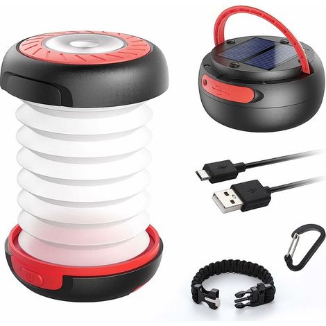 Lampe Solaire de Camping Lanterne LED Rechargeable 2 en 1 Poche Pliante Extérieure Câble USB Rétractable 3 Luminosité 800mAh Durée Max 12 Heures, Convient pour la Randonnée Camping. (1/5)