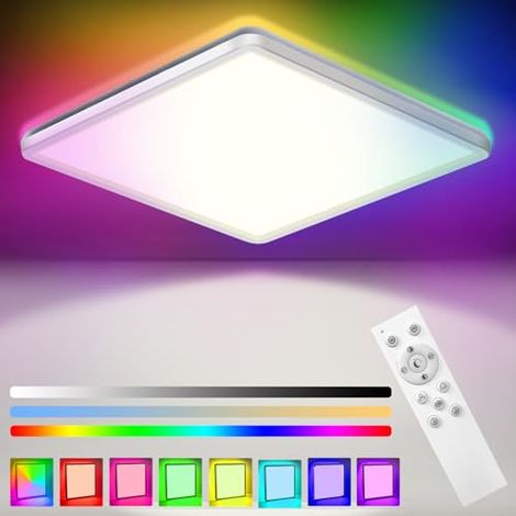 Lámpara de techo LED regulable de 24 W con control remoto, 7 cambios de color RGB, temperatura de color ajustable 3000 K/4000 K/6500 K, lámpara de techo LED ultrafina de 3200 lm [Clase de eficiencia e