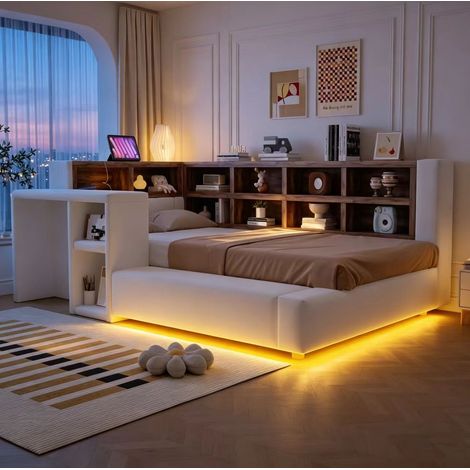 Letto imbottito 90x200 cm, contenitore a più livelli, LED, prese integrate, tavolino laterale, beige (1/5)
