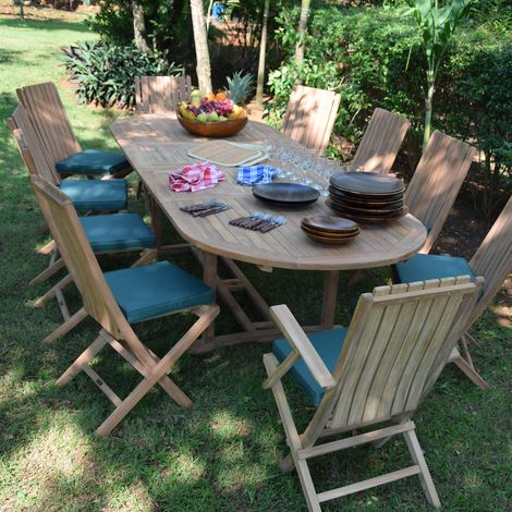 Teck'Attitude – Ensemble table ovale extensible et chaises en teck massif – 10 places – Dimensions 190-290 cm – Résistant aux intempéries (1/5)