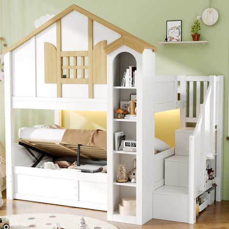 Lit superposé avec lit gigogne hydraulique, lit surélevé en bois massif, lit enfant, 90200+90200 cm, lit en bois, lit maison, avec LED et escalier de rangement, rangement en forme de château, blanc + (1/5)