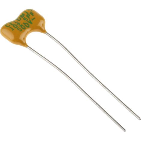 Condensateur mica, 10pF, 500V c.c., 11.43 x 4.32 x 9.14mm, pas de 5.72mm, +150 °C -55 °C.